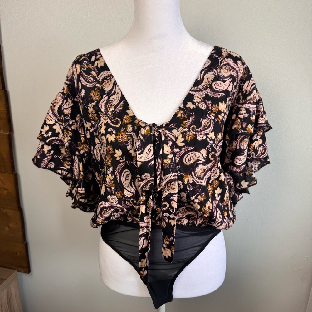 Free People Paisley Bodysuit Boho Tie Front Flutter Sleeve NWT Size S